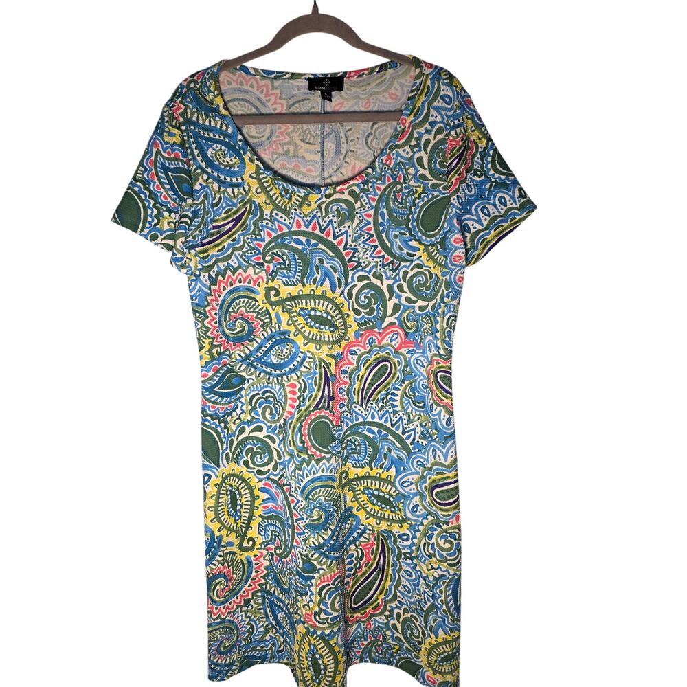 Women’s Large Blue Paisley Dress Short Sleeve Stretch Preppy Coastal Vacation